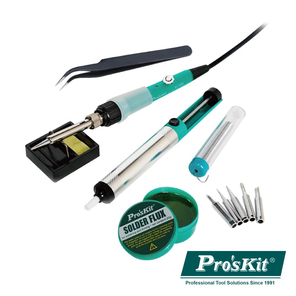 Pro'sKit PK-918F Lötkolben-Set, 11-teilig, mit Entlötpumpe, Ablage und Lötspitzen