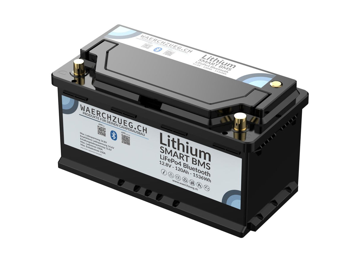 120Ah Lithium LiFePo4 Batterie, 12V, inkl. BMS und Hauptschalter sowie Bluetooth