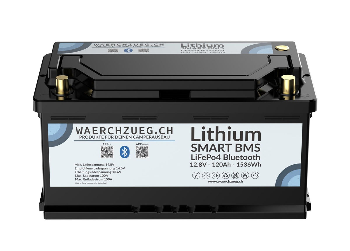 120Ah Lithium LiFePo4 Batterie, 12V, inkl. BMS und Hauptschalter sowie Bluetooth