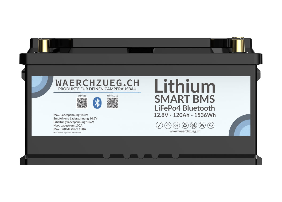 120Ah Lithium LiFePo4 Batterie, 12V, inkl. BMS und Hauptschalter sowie Bluetooth