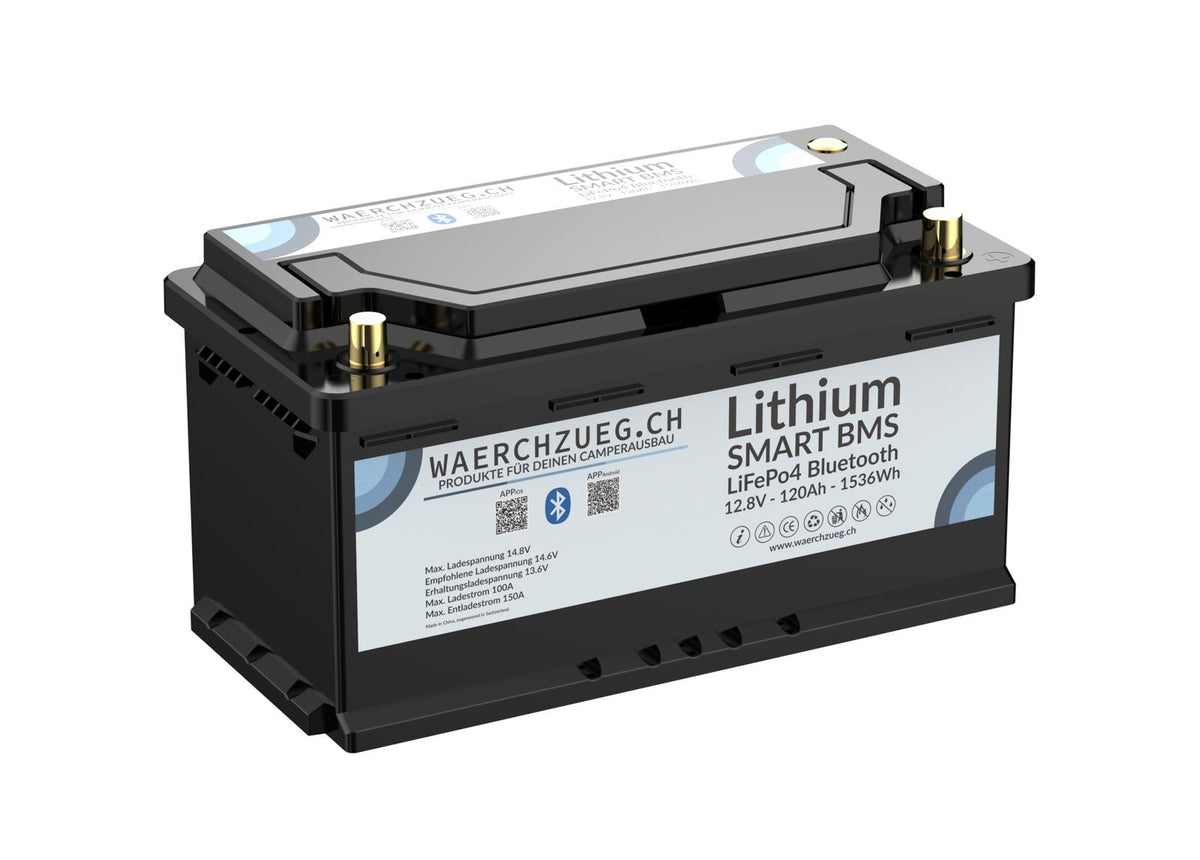120Ah Lithium LiFePo4 Batterie, 12V, inkl. BMS und Hauptschalter sowie Bluetooth