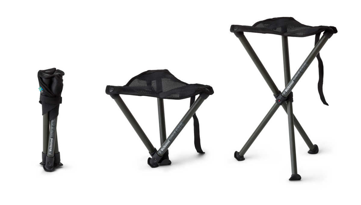 Walkstool: zwei Sitzhöhen mit ausgezogenen und eingefahrenen Teleskopbeinen
