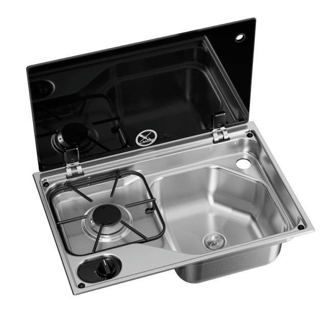 Dometic CVC1525G RH Combinaison d'une plaque de cuisson à un feu et d'un évier avec couvercle en verre