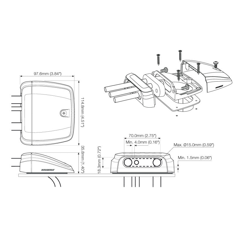 Passe-câble horizontal Multi de Scanstrut pour 1-4 câbles, jusqu'à Ø15mm, plastique, noir