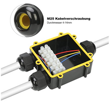 Laden Sie das Bild in den Galerie-Viewer, Abzweigdose, IP68 wasserdicht Kabelverbinder, 3-Wege-Verbindungsdose / Aussenverteilerdose, M25 Kabelverschraubung Ø4mm-14mm ABS + PVC