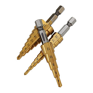 Stufenbohrerset Titanbeschichtet mit Bitaufnahme, Bohrweite 3-12/4-12/4-20mm