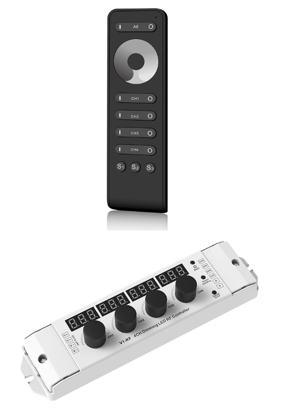 Ricevitore radio incluso telecomando per 4 canali, dimmer LED, controllo rotativo fino a 200W