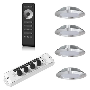 Set 4 LED Lampen und Funkempfänger inkl. Fernbedienung für 4 Kanäle, LED-Dimmer, Drehregler bis 200W