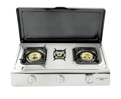 NGB-300C Hochwertiger Edelstahl Gaskocher 3 flammig mit Deckel LPG Campingkocher