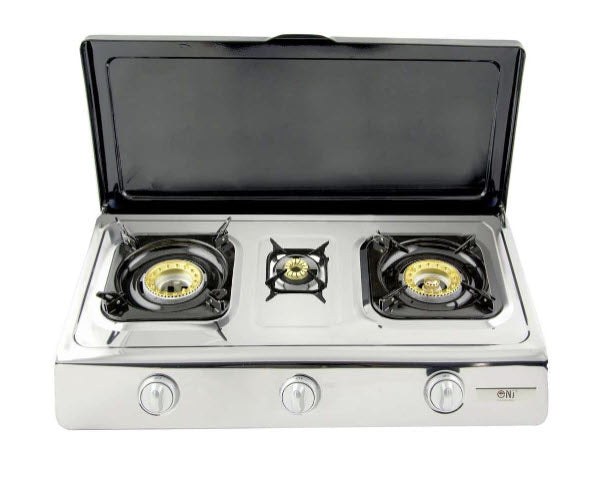 NGB-300C Hochwertiger Edelstahl Gaskocher 3 flammig mit Deckel LPG Campingkocher