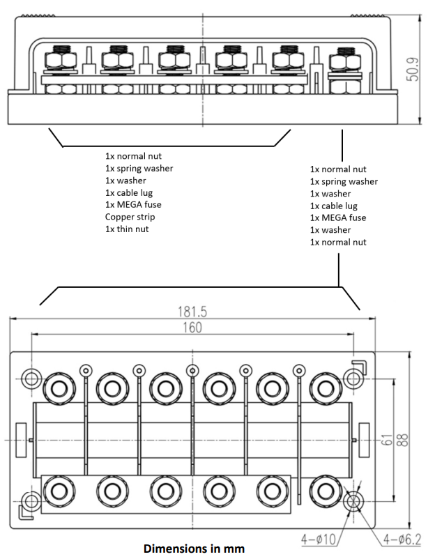 Support Mega Fuse à 6 positions avec bridge, vis et boîtier, 250A max.