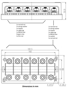 6-Fach Mega Fuse Halter inkl. Bridge, Schrauben und Gehäuse, Max. 250A
