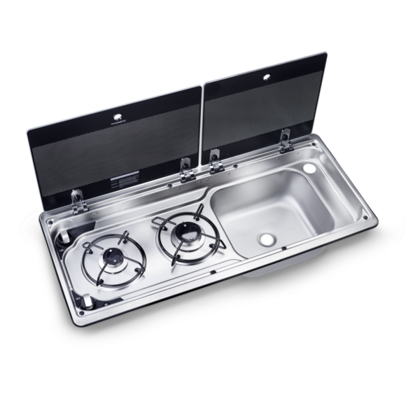 DOMETIC Kombination aus 2-Flammigem Kochfeld und Spüle mit Glasabdeckung, 760 x 325 mm