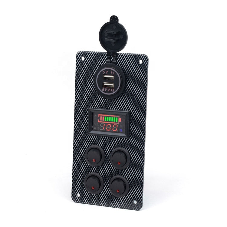 Panel mit zwei USB-Steckdosen 5V 3,1A  mit Spannungsanzeige und 4 Wippenschalter