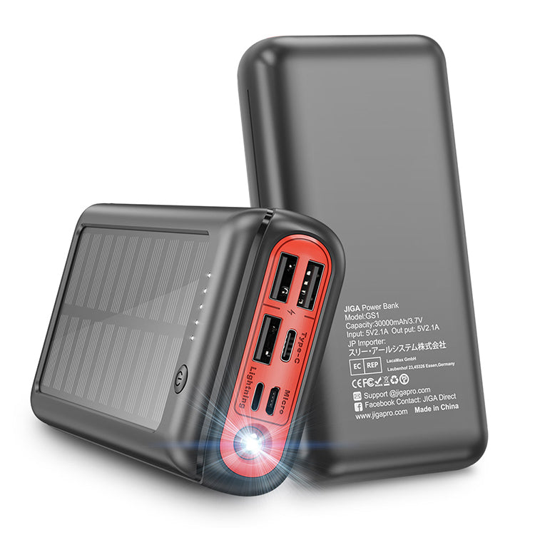 30000mah Externe Batterie mit Solar, inkl. Lightning und USB-C / USB-A / Micro