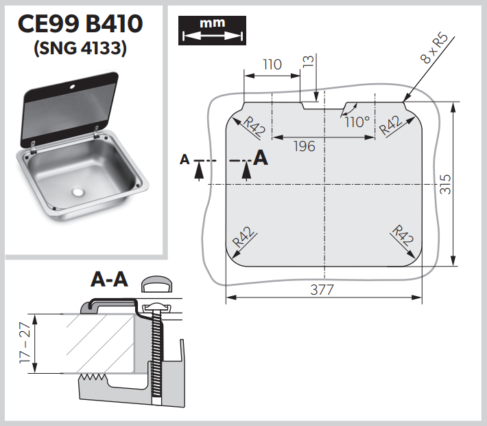 DOMETIC SQUARE SINK WITH GLASS COVER (CE-99 B410)