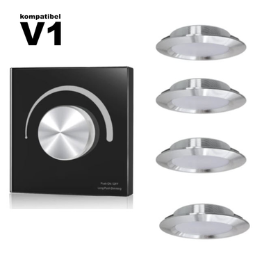 Einbau LED Leuchten mit Dreh- Dimmer Warmweiss, silber, dimmbar, 12V (4x Leuchte, 1x Dimmer) (V1 kompatibel)