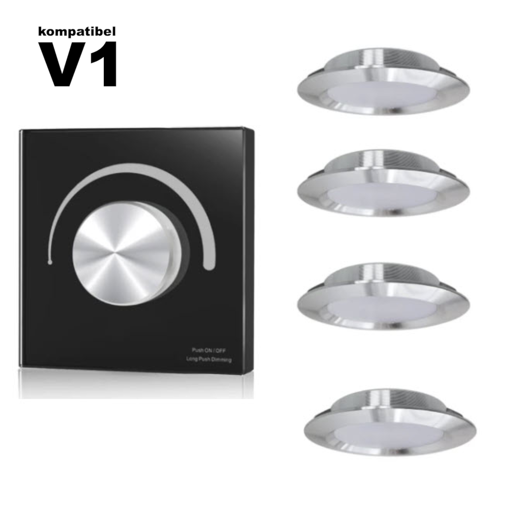 Einbau LED Leuchten mit Dreh- Dimmer Warmweiss, silber, dimmbar, 12V (4x Leuchte, 1x Dimmer) (V1 kompatibel)