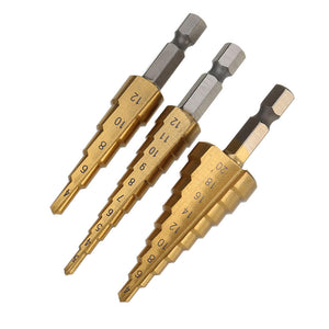 Stufenbohrerset Titanbeschichtet mit Bitaufnahme, Bohrweite 3-12/4-12/4-20mm