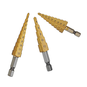Stufenbohrerset Titanbeschichtet mit Bitaufnahme, Bohrweite 3-12/4-12/4-20mm
