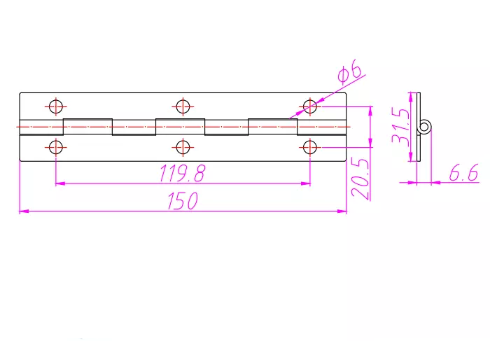 Scharnier 270°, rostfrei, inkl. Montagelöcher, Klavierband, 150mm x 31.5mm
